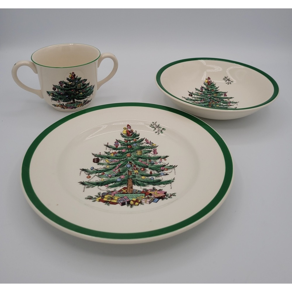 Spode Christmas Tree Child's Set Unused Mug Plate Bowl Made In England Vintage